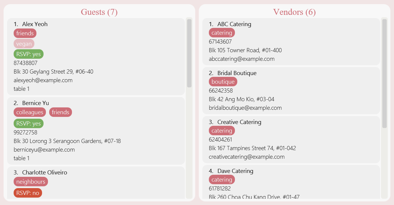 Screenshot of the guest and vendor lists